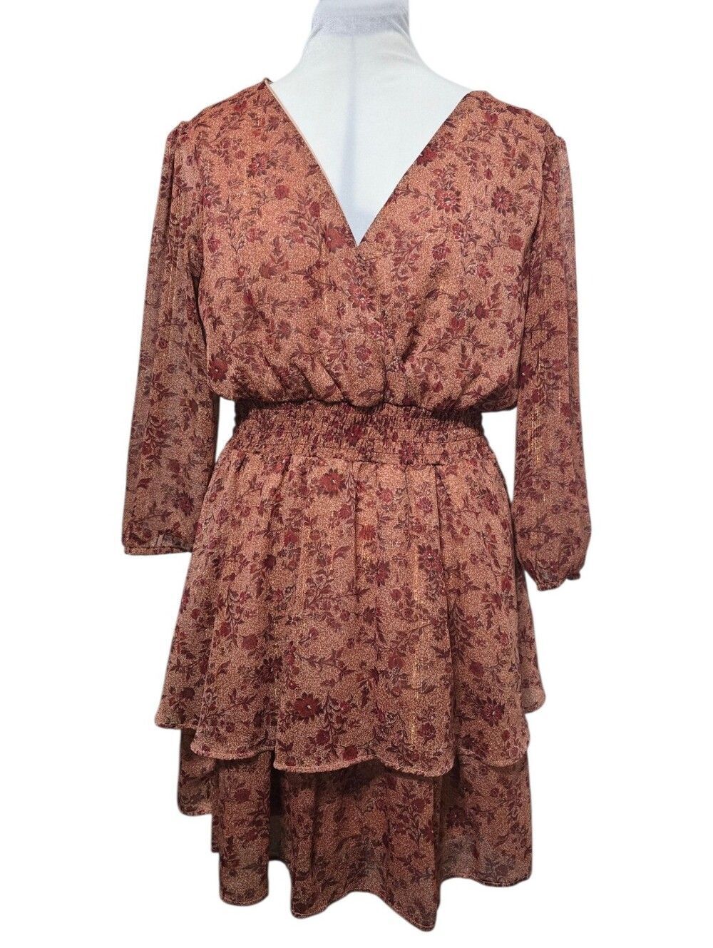 Mimi Chica Floral Tiered Mini Dress XL Rust Brown Metallic Boho Cottage Coquette